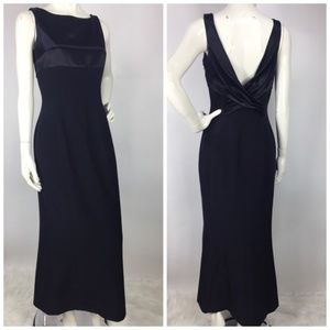 Tahari Navy Low Back Gown Satin Accents